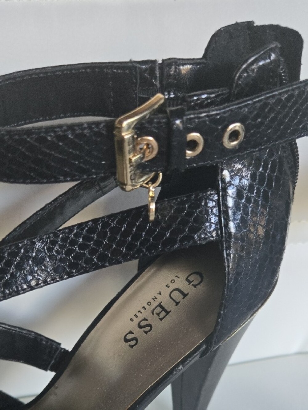GUESS Black Snake-Texture Strappy High Heel Sandals - Picture 6 of 7